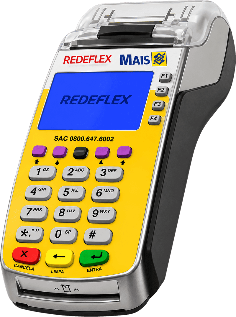 Maquininha RedeFlex do Correspondente Bancário com a marca Mais BB, de frente